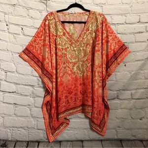 Sevya Handmade Kaftan Orange Embroidered Swimsuit Coverup Tunic Polysilk